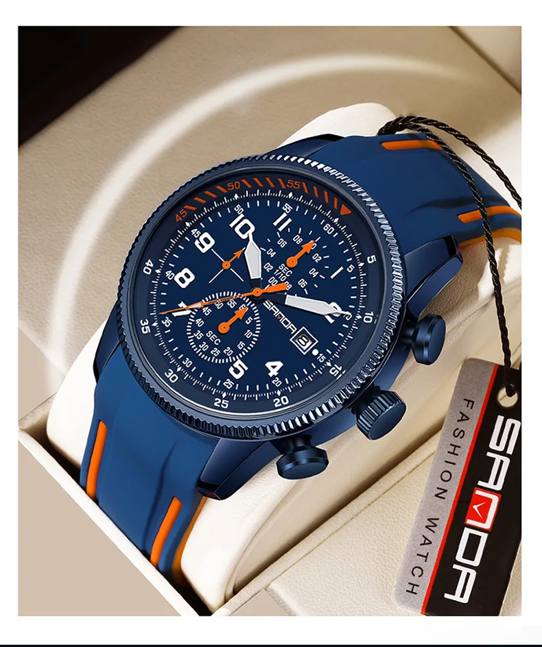 Sanda 5507 Для деловых мужчин Многофункциональные 4 циферблата Мягкий силиконовый ремешок Японский кварцевый механизм Водонепроницаемые наручные часы Изображение 0