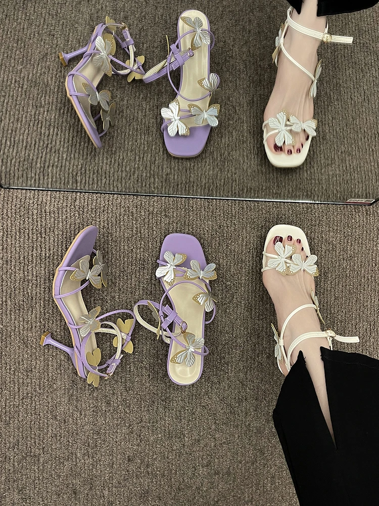 Фиолетовые модные босоножки с бантиком 2023, летние босоножки на тонких каблуках на высоком каблуке Изображение 2