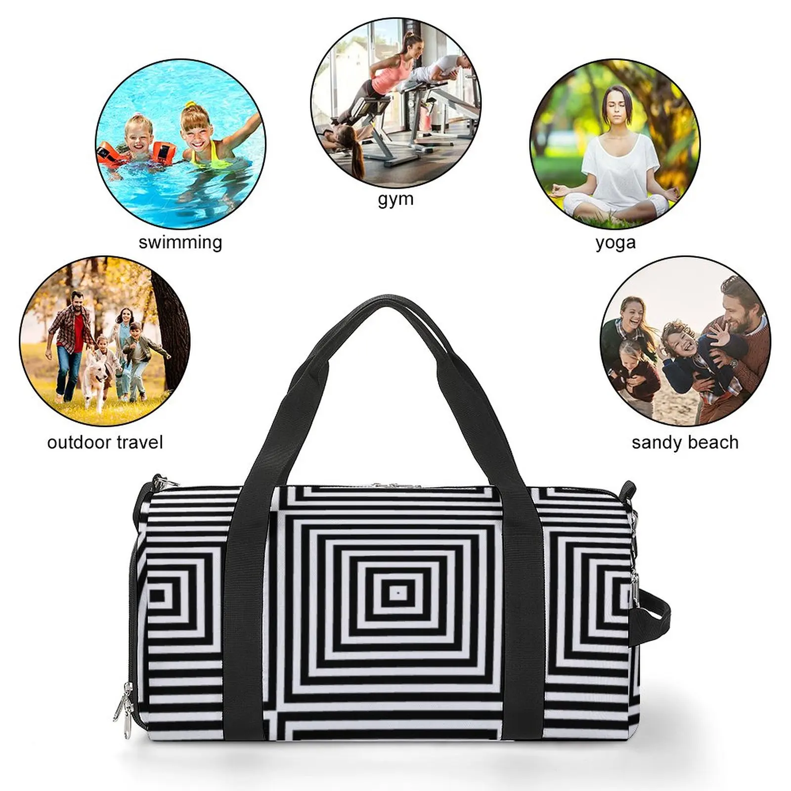 Спортивная сумка черно-белой линии, квадратная оптическая иллюзия, уличные спортивные сумки с обувью, багаж, изготовленная на заказ сумка, Винтажная сумка для фитнеса Изображение 2