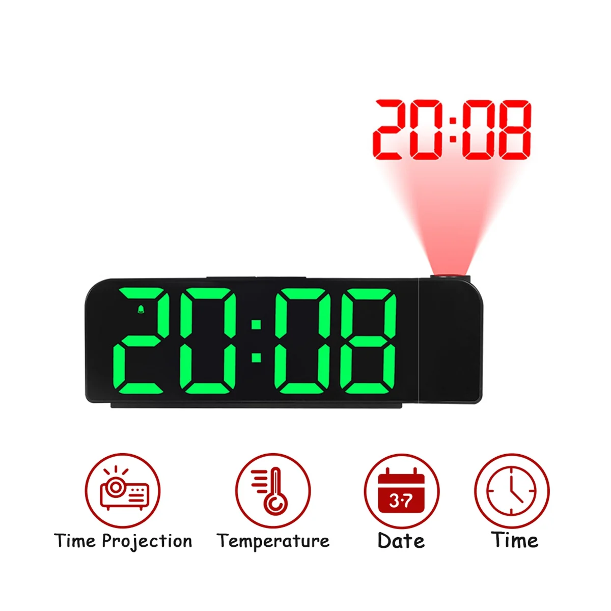 Проекционный будильник с поворотом на 180 °, 12/24-часовые светодиодные цифровые часы с USB-зарядкой, потолочный проектор-будильник (зеленый) Изображение 1