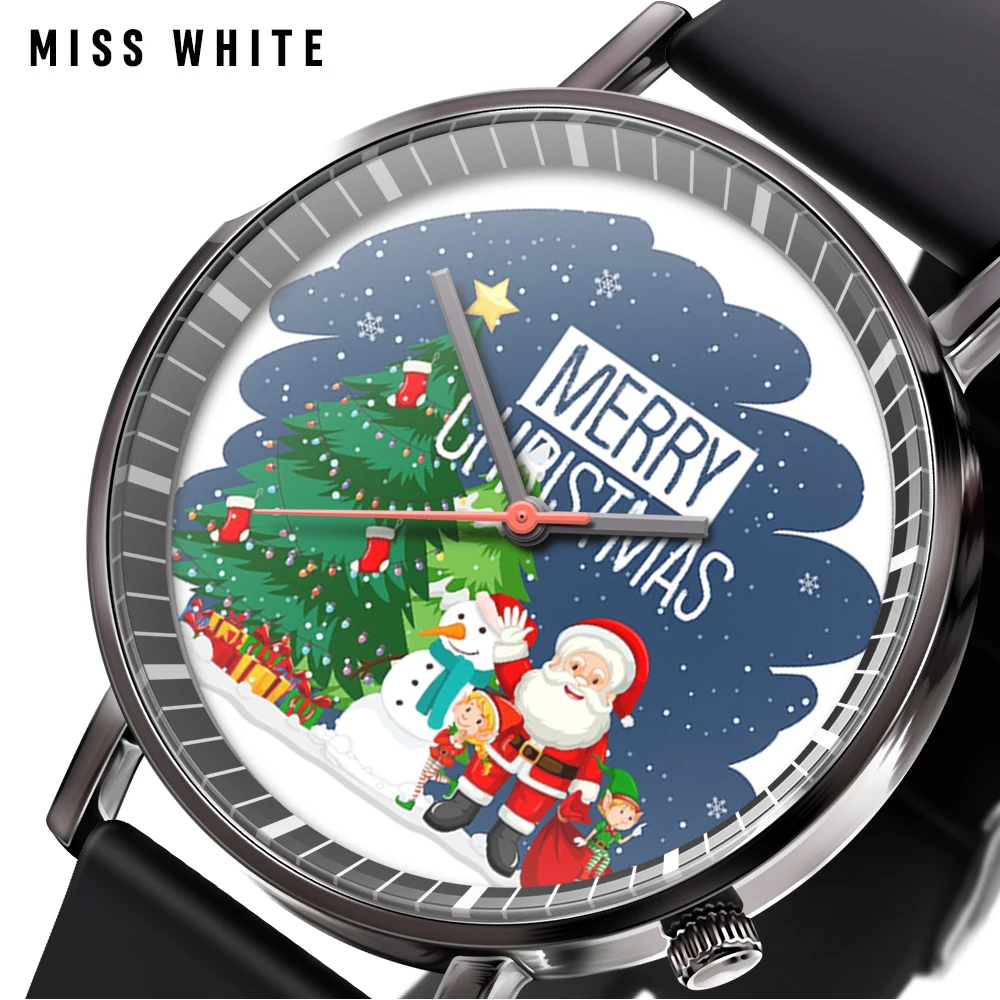 Новая мода, модные рождественские мужские и женские часы, подарочные часы для рождественской елки, старика, кварцевые наручные часы, резиновый ремешок Изображение 2