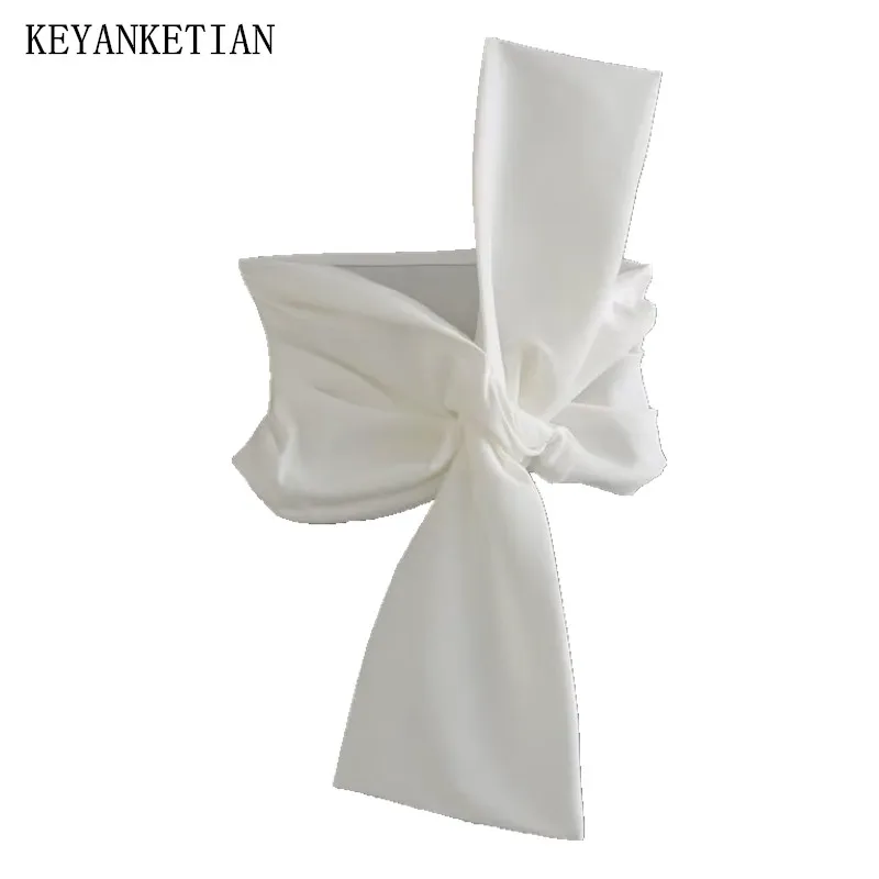 KEYANKETIAN, Новый летний асимметричный дизайн на одно плечо, Белые короткие топы на бретелях, женские топы с милыми бантами, укороченные топы, халат, леди Изображение 0