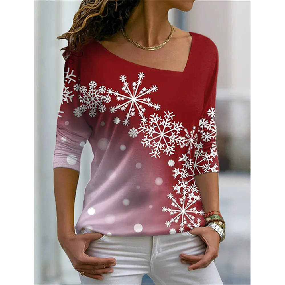 Универсальная женская футболка с цифровой печатью Sll Seasons с цветами, косой воротник, повседневная одежда для отдыха с длинным рукавом, свободная Изображение 0