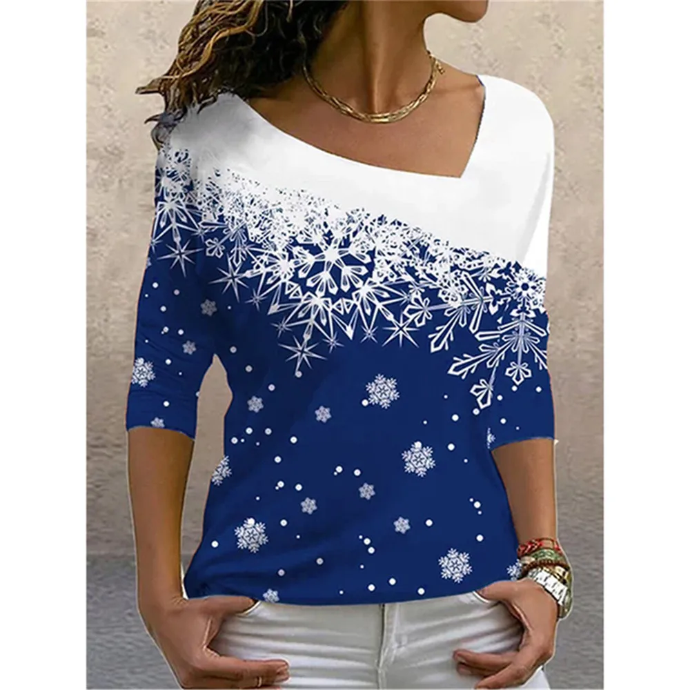 Универсальная женская футболка с цифровой печатью Sll Seasons с цветами, косой воротник, повседневная одежда для отдыха с длинным рукавом, свободная Изображение 1