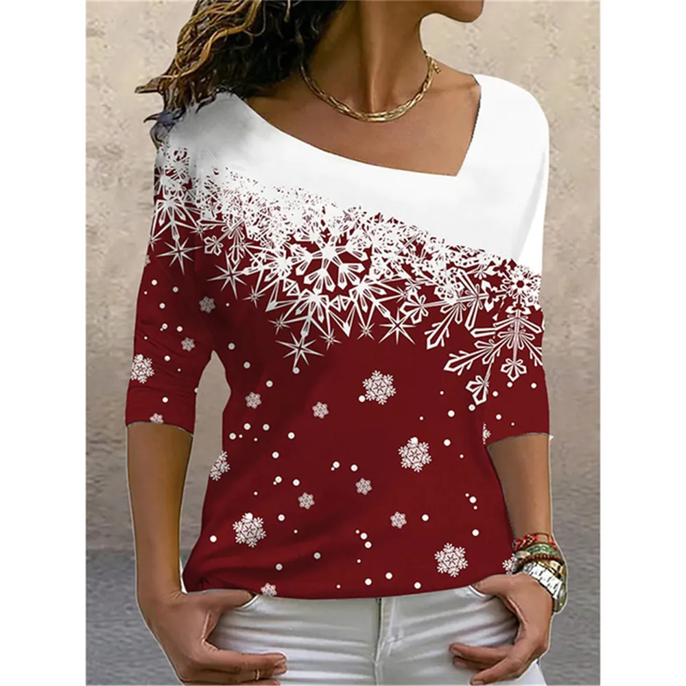 Универсальная женская футболка с цифровой печатью Sll Seasons с цветами, косой воротник, повседневная одежда для отдыха с длинным рукавом, свободная Изображение 2