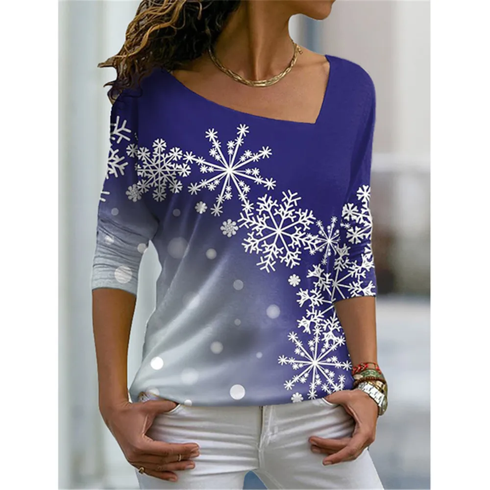 Универсальная женская футболка с цифровой печатью Sll Seasons с цветами, косой воротник, повседневная одежда для отдыха с длинным рукавом, свободная Изображение 3