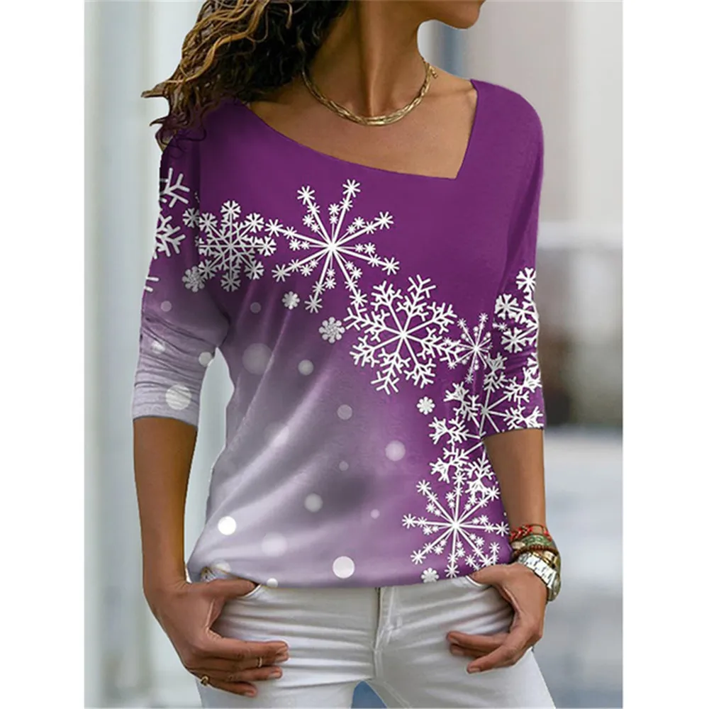 Универсальная женская футболка с цифровой печатью Sll Seasons с цветами, косой воротник, повседневная одежда для отдыха с длинным рукавом, свободная Изображение 4