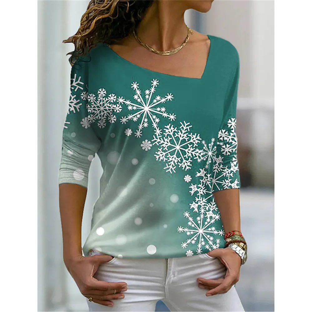 Универсальная женская футболка с цифровой печатью Sll Seasons с цветами, косой воротник, повседневная одежда для отдыха с длинным рукавом, свободная Изображение 5