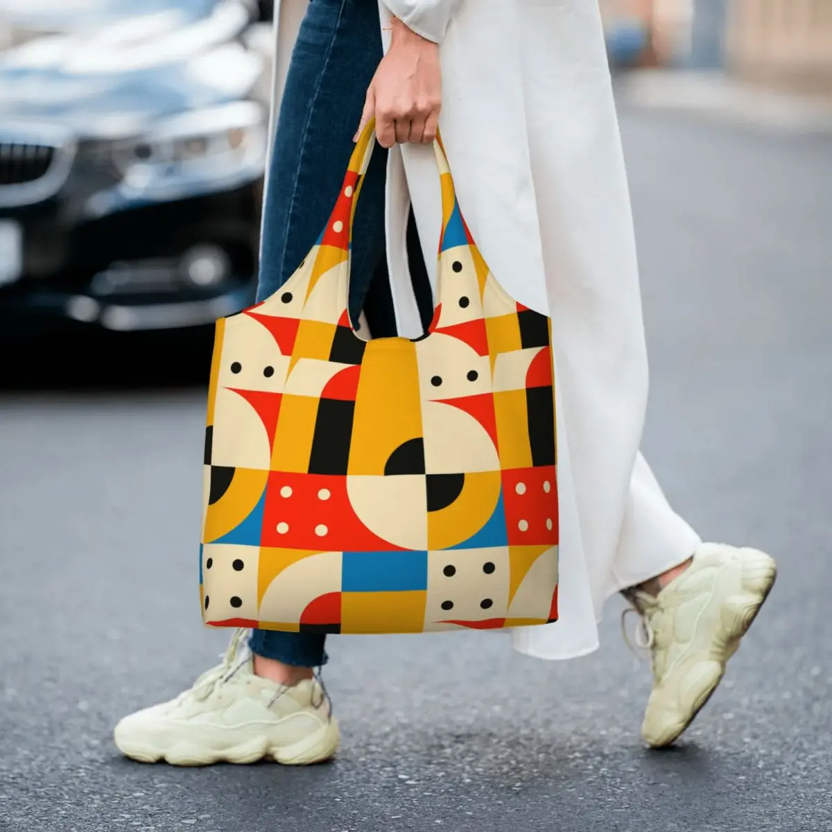 Геометрическая линия в цветном блоке Bauhaus, современная холщовая сумка для покупок, женская сумка для продуктов, которую можно стирать, Минималистичная сумка для покупок Изображение 5
