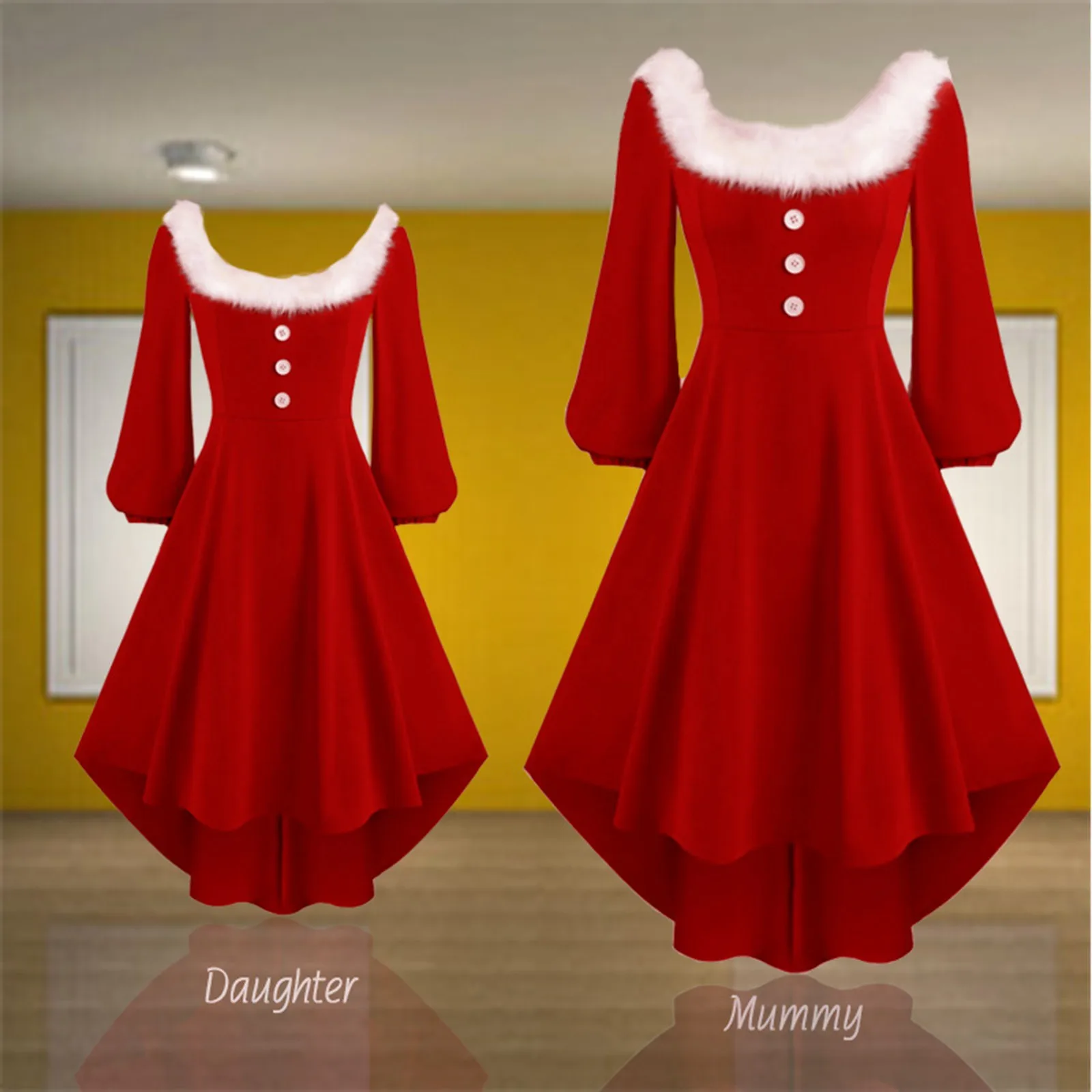 Рождественский семейный образ, красные платья, одежда для взрослых и детей, платья с квадратным вырезом, зимние наряды для рождественской вечеринки для мамы и дочки Изображение 0