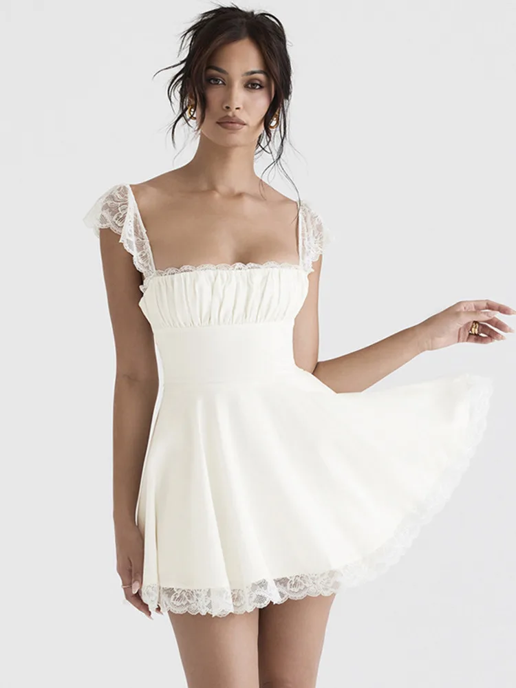 Женское мини-платье с белым кружевным ремешком, модные платья без рукавов с открытой спиной, свободные Сексуальные короткие платья Изображение 0