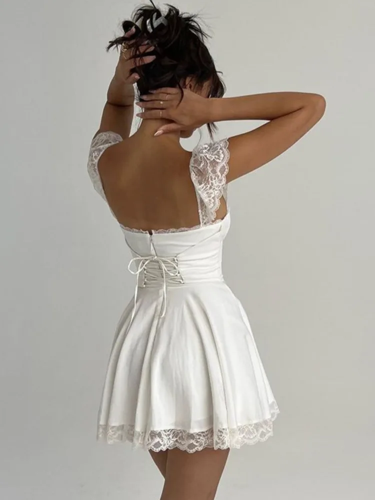 Женское мини-платье с белым кружевным ремешком, модные платья без рукавов с открытой спиной, свободные Сексуальные короткие платья Изображение 2