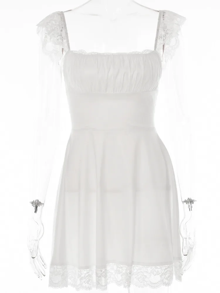 Женское мини-платье с белым кружевным ремешком, модные платья без рукавов с открытой спиной, свободные Сексуальные короткие платья Изображение 5