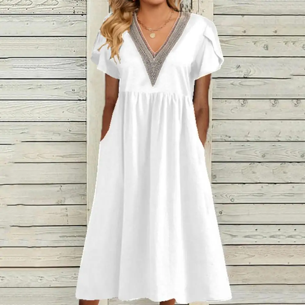 Женское платье с двойным карманом, короткий рукав, Выдолбленный V-образный вырез, плиссированная пляжная одежда трапециевидной формы, летнее платье с большим подолом, одежда для свиданий Изображение 4