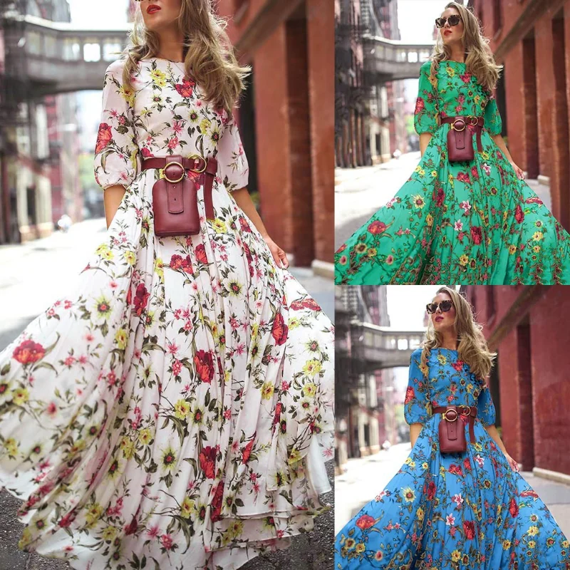 Весенние и осенние платья 2023 года, шифоновое длинное платье с фрагментированным цветком, приталенное, с принтом в стиле больших качелей, модное платье с цветочным принтом Изображение 0