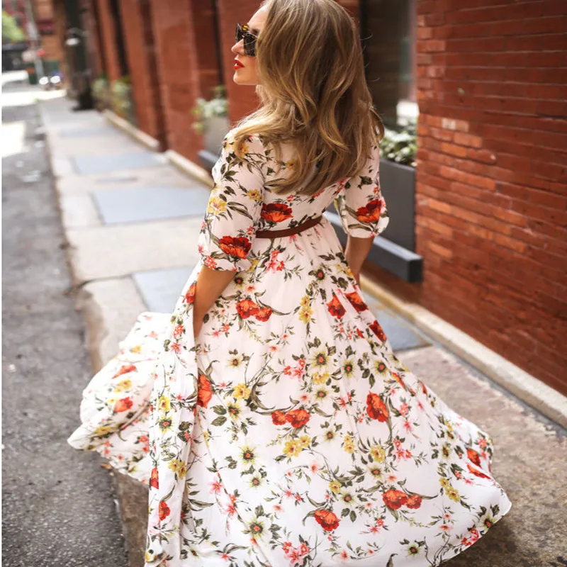Весенние и осенние платья 2023 года, шифоновое длинное платье с фрагментированным цветком, приталенное, с принтом в стиле больших качелей, модное платье с цветочным принтом Изображение 1