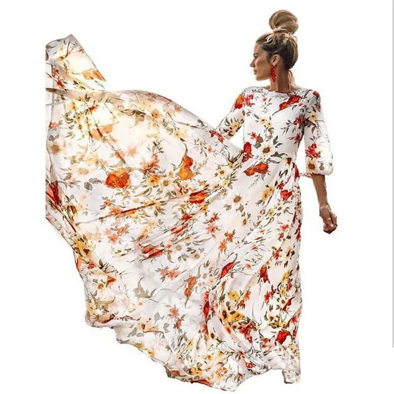 Весенние и осенние платья 2023 года, шифоновое длинное платье с фрагментированным цветком, приталенное, с принтом в стиле больших качелей, модное платье с цветочным принтом Изображение 5