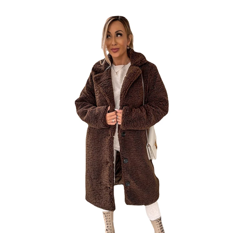 Женское теплое пальто, зимние смеси искусственной шерсти, однобортная верхняя одежда, плюшевые пальто, женские шикарные однотонные уличные пальто 2023 Изображение 5