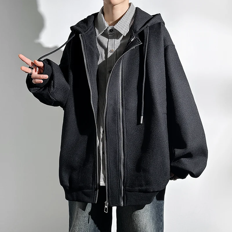 Толстовки куртка с капюшоном для мужчин осень свободные негабаритных уличная панк пальто двойная молния дизайн пальто хип-хоп мужской куртка размер 5XL Изображение 4