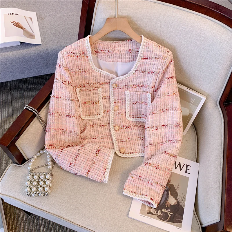 Женская твидовая винтажная роскошная куртка с длинным рукавом, жаккардовое пальто с блестками, Женский элегантный шикарный укороченный топ, Женская ароматная розовая одежда Изображение 0
