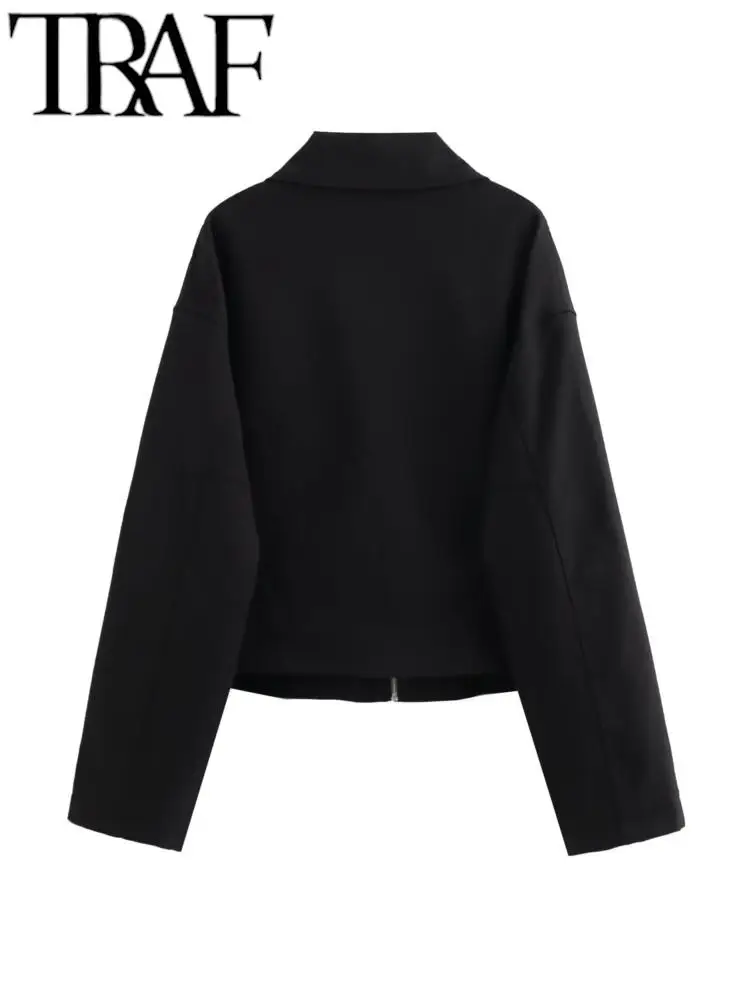 TRAF 2023 Женское Модное черное пальто, осенняя свободная куртка с длинным рукавом и отложным воротником на молнии, повседневный женский укороченный топ Оверсайз Изображение 1