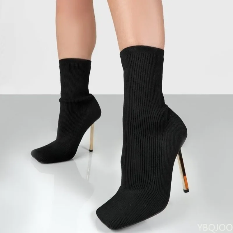 Модные Вязаные эластичные туфли на высоком каблуке для женщин, модная обувь, весенне-зимние ботильоны, пинетки 2023, модные сексуальные ботинки с обтягивающим носком, Изображение 0