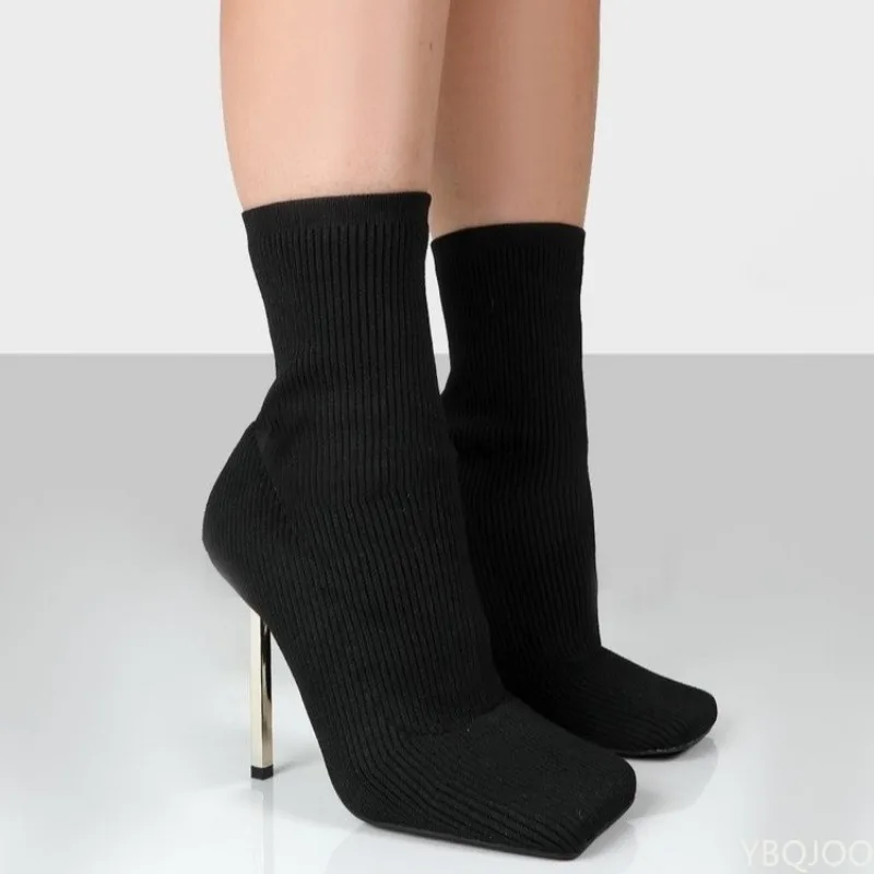 Модные Вязаные эластичные туфли на высоком каблуке для женщин, модная обувь, весенне-зимние ботильоны, пинетки 2023, модные сексуальные ботинки с обтягивающим носком, Изображение 3