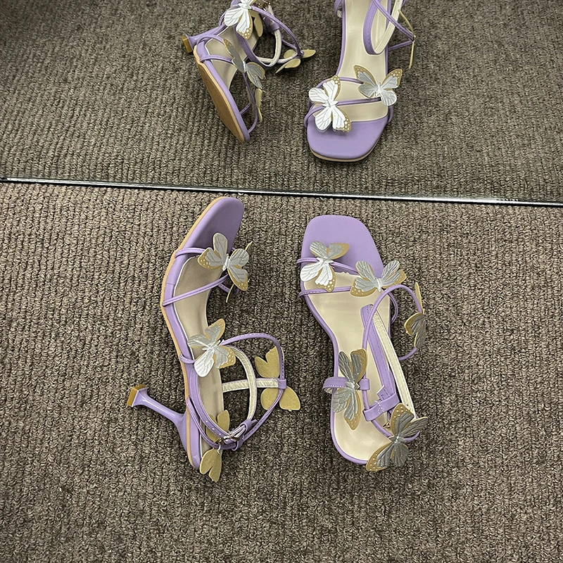 Фиолетовые модные босоножки с бантиком 2023, летние босоножки на тонких каблуках на высоком каблуке Изображение 4