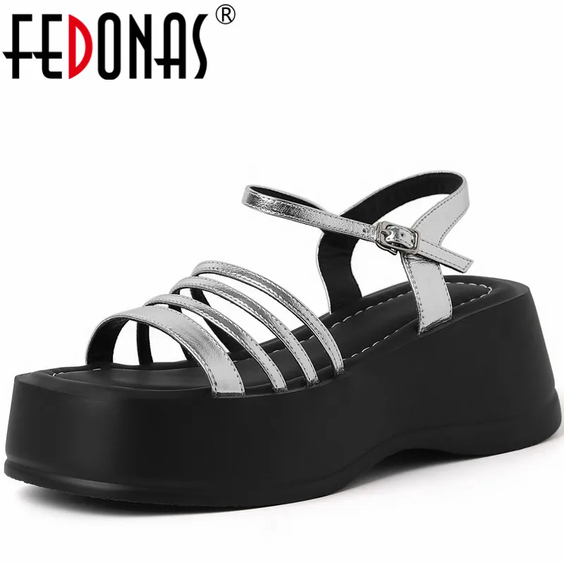 Женские босоножки FEDONAS на платформе, летние туфли-лодочки из натуральной кожи с ремешком на щиколотке в стиле панк, модные женские туфли для выпускного вечера с узкой лентой Изображение 0