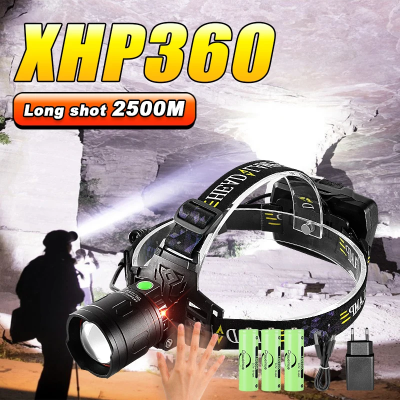 Супер мощный светодиодный Налобный фонарь XHP360 Перезаряжаемый USB Головной фонарь Высокой мощности Освещение 2500 М Открытый Водонепроницаемый Головной фонарь для кемпинга Изображение 0