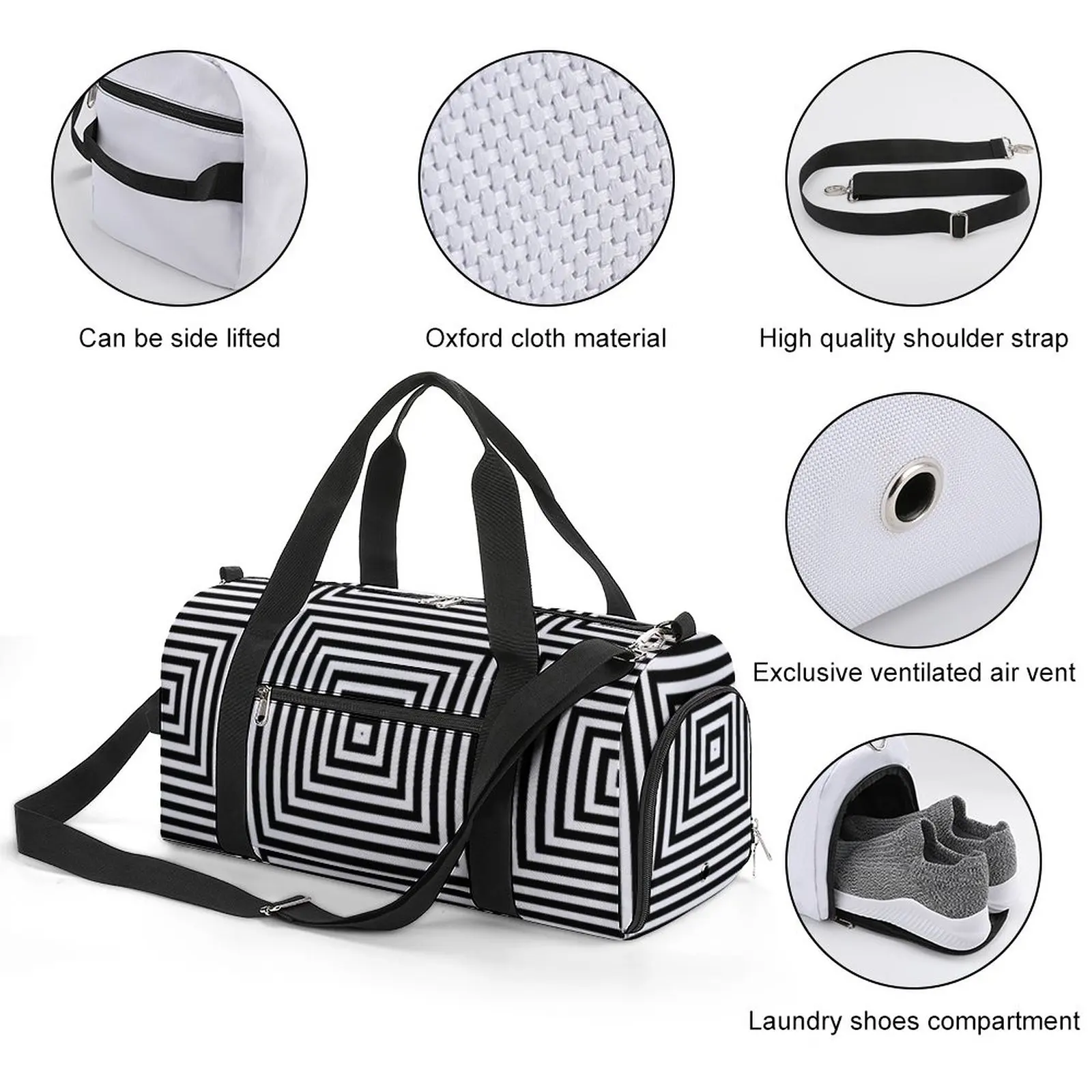 Спортивная сумка черно-белой линии, квадратная оптическая иллюзия, уличные спортивные сумки с обувью, багаж, изготовленная на заказ сумка, Винтажная сумка для фитнеса Изображение 3