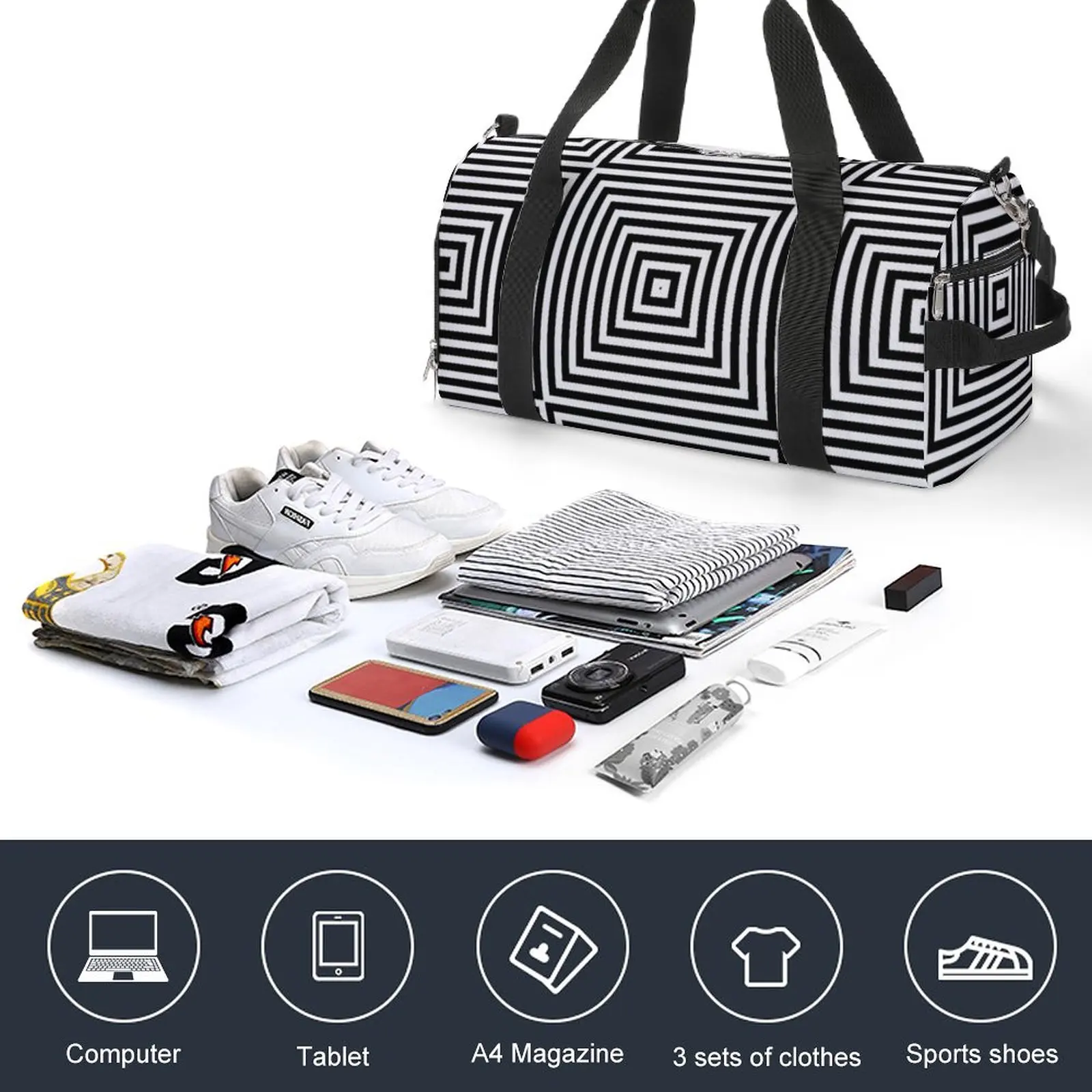 Спортивная сумка черно-белой линии, квадратная оптическая иллюзия, уличные спортивные сумки с обувью, багаж, изготовленная на заказ сумка, Винтажная сумка для фитнеса Изображение 4