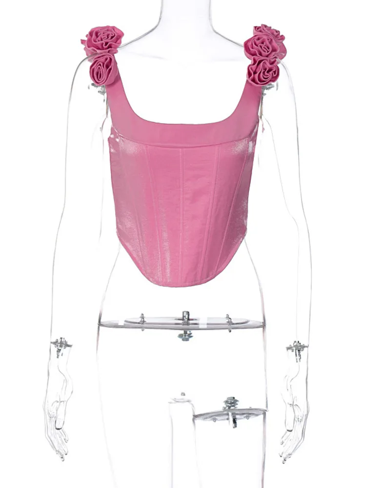 Mozision, сексуальный укороченный топ с цветочным узором на двойных плечах, женский жилет розового цвета с рыбьей косточкой, топы без рукавов с открытой спиной, сексуальный корсет, топы Изображение 5