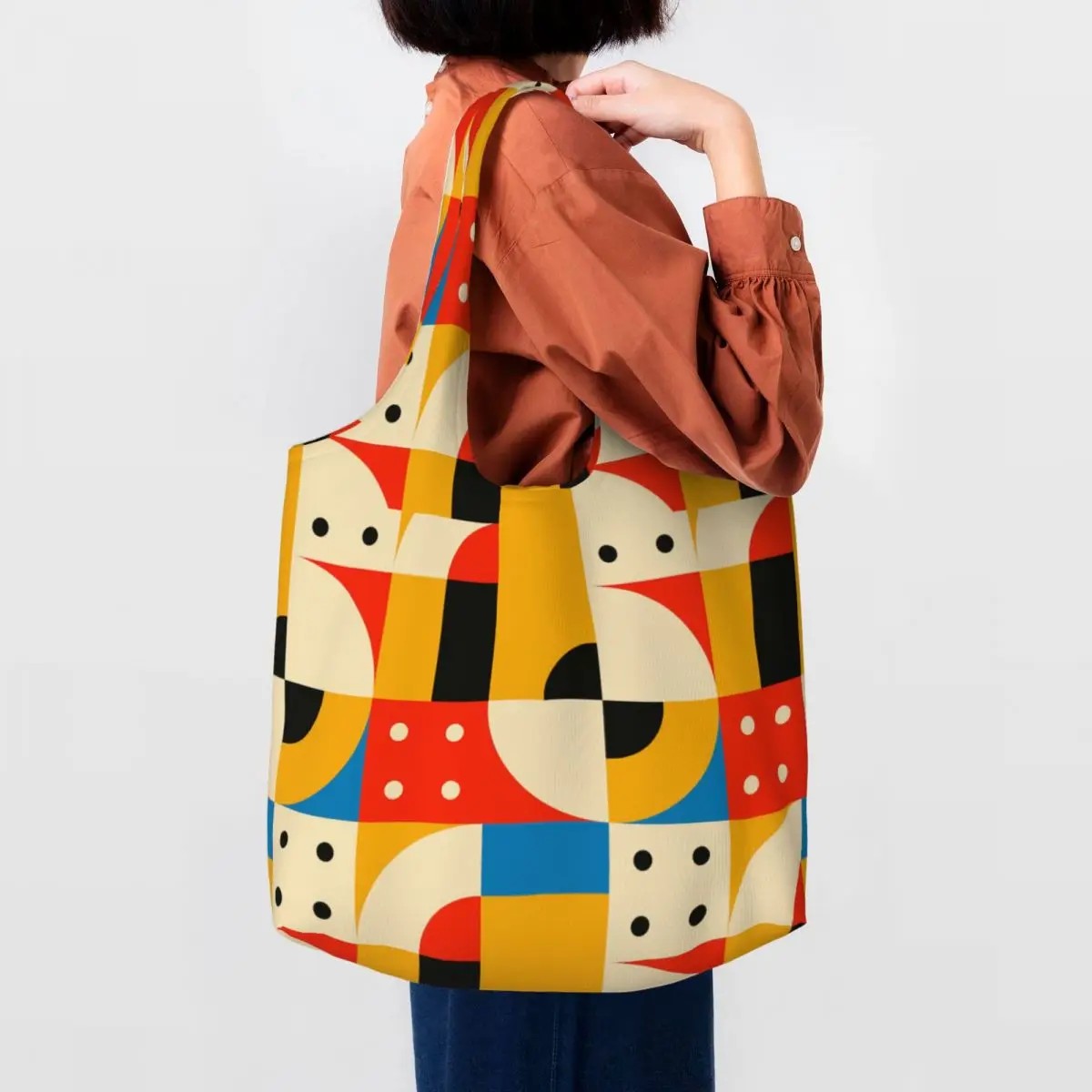 Геометрическая линия в цветном блоке Bauhaus, современная холщовая сумка для покупок, женская сумка для продуктов, которую можно стирать, Минималистичная сумка для покупок Изображение 0