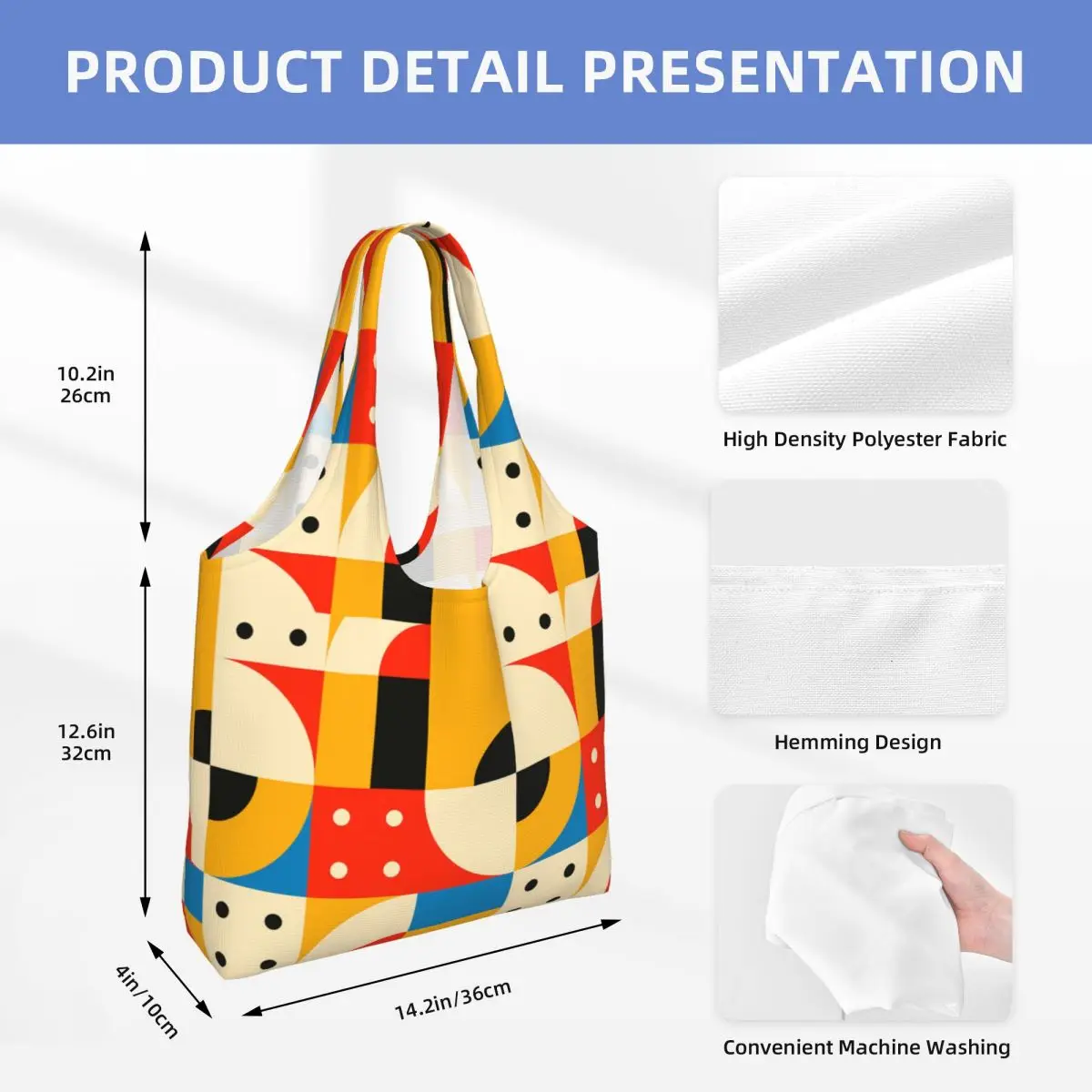 Геометрическая линия в цветном блоке Bauhaus, современная холщовая сумка для покупок, женская сумка для продуктов, которую можно стирать, Минималистичная сумка для покупок Изображение 3