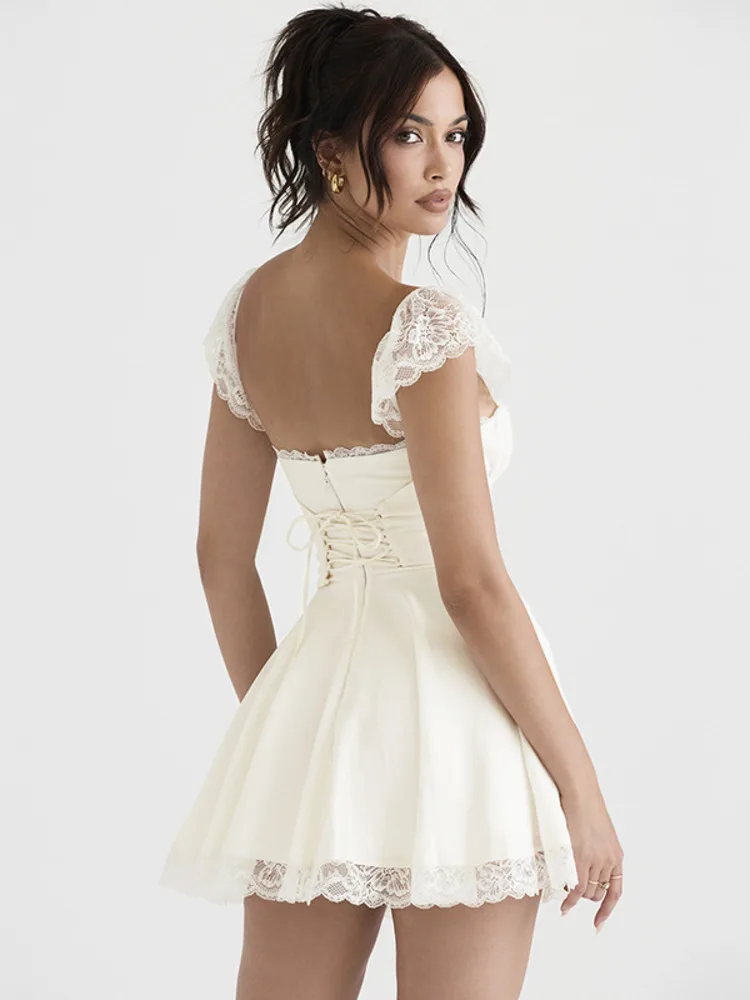Женское мини-платье с белым кружевным ремешком, модные платья без рукавов с открытой спиной, свободные Сексуальные короткие платья Изображение 1