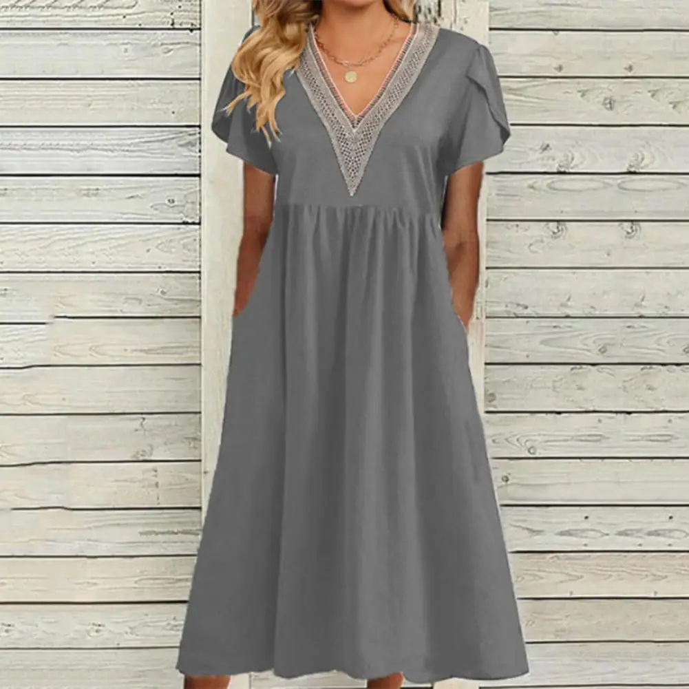 Женское платье с двойным карманом, короткий рукав, Выдолбленный V-образный вырез, плиссированная пляжная одежда трапециевидной формы, летнее платье с большим подолом, одежда для свиданий Изображение 3