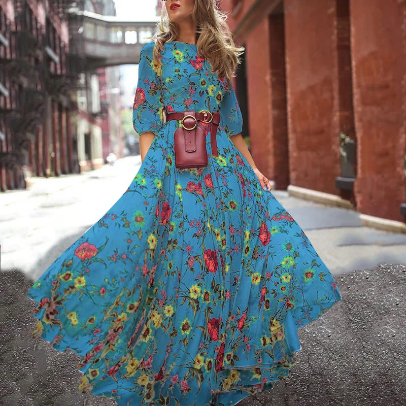 Весенние и осенние платья 2023 года, шифоновое длинное платье с фрагментированным цветком, приталенное, с принтом в стиле больших качелей, модное платье с цветочным принтом Изображение 3