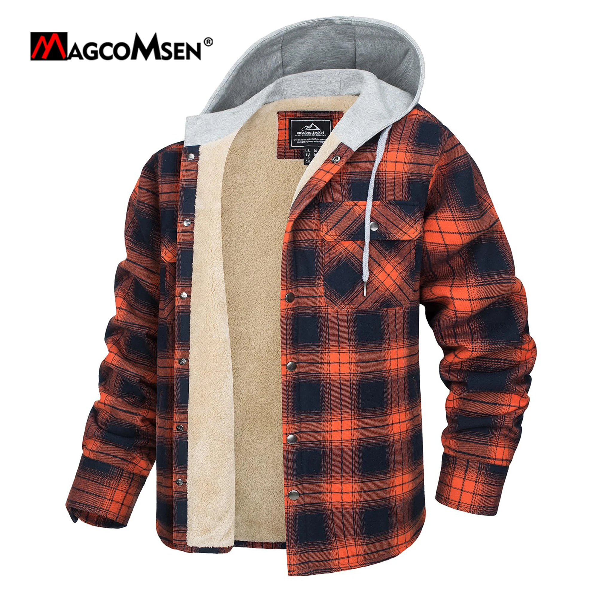 Мужские фланелевые куртки MAGCOMSEN Winter Thermal, пальто-рубашки в клетку из шерп-флиса с капюшоном Изображение 0