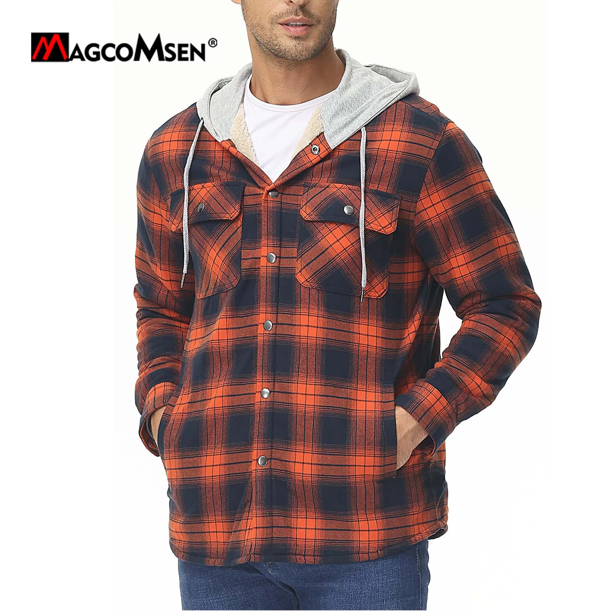 Мужские фланелевые куртки MAGCOMSEN Winter Thermal, пальто-рубашки в клетку из шерп-флиса с капюшоном Изображение 1
