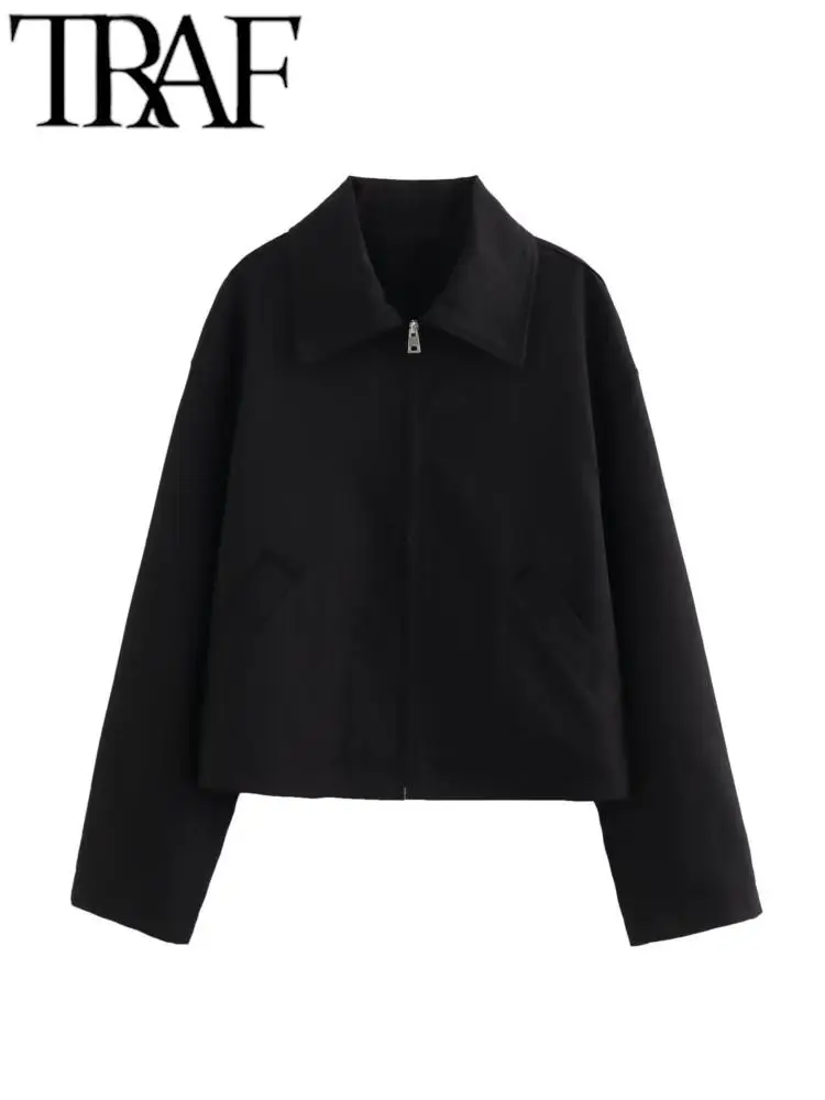 TRAF 2023 Женское Модное черное пальто, осенняя свободная куртка с длинным рукавом и отложным воротником на молнии, повседневный женский укороченный топ Оверсайз Изображение 0