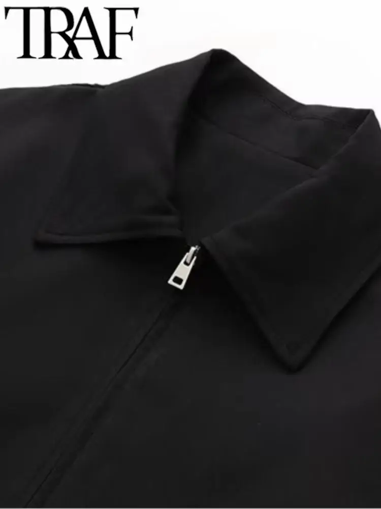 TRAF 2023 Женское Модное черное пальто, осенняя свободная куртка с длинным рукавом и отложным воротником на молнии, повседневный женский укороченный топ Оверсайз Изображение 3