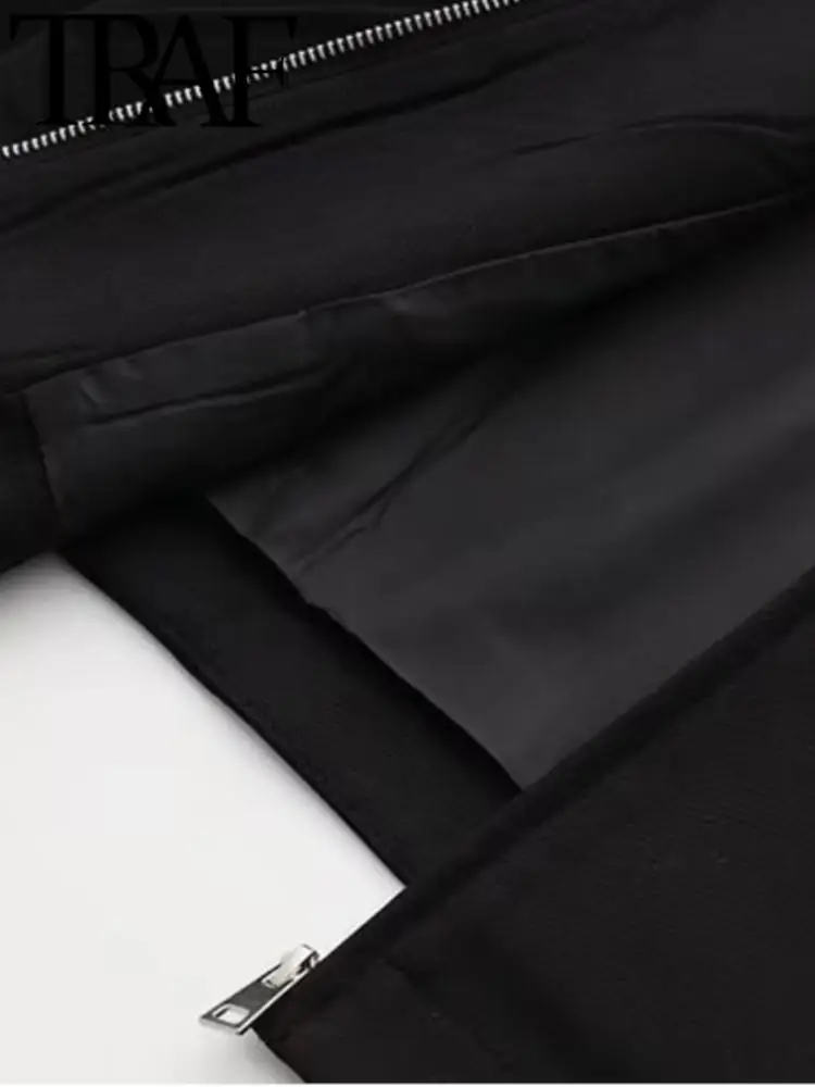 TRAF 2023 Женское Модное черное пальто, осенняя свободная куртка с длинным рукавом и отложным воротником на молнии, повседневный женский укороченный топ Оверсайз Изображение 4
