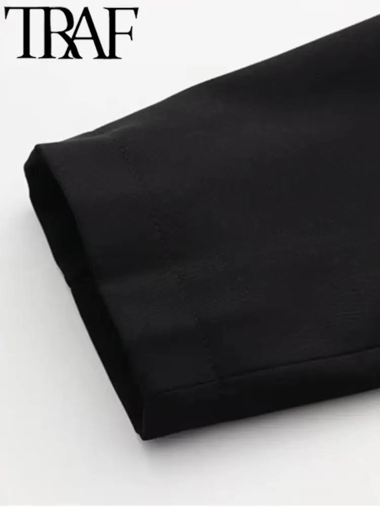 TRAF 2023 Женское Модное черное пальто, осенняя свободная куртка с длинным рукавом и отложным воротником на молнии, повседневный женский укороченный топ Оверсайз Изображение 5