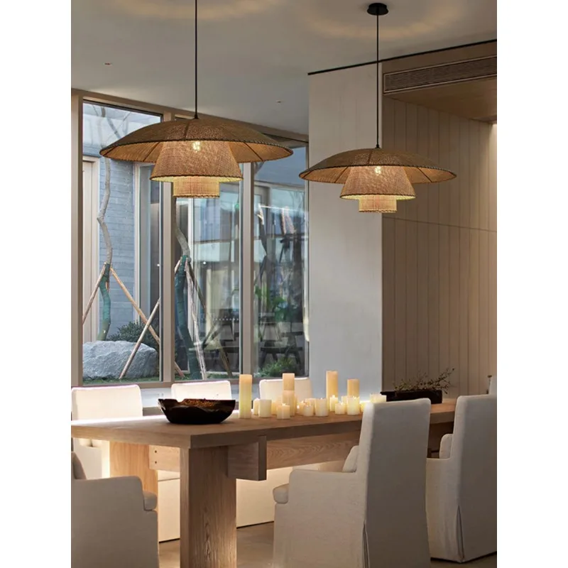 Ретро Бамбуковая люстра с блеском, Ресторанный подвесной светильник, Потолочный светильник ручной работы из ротанга, Плетеный декор для дома, гостиной, спальни Изображение 1